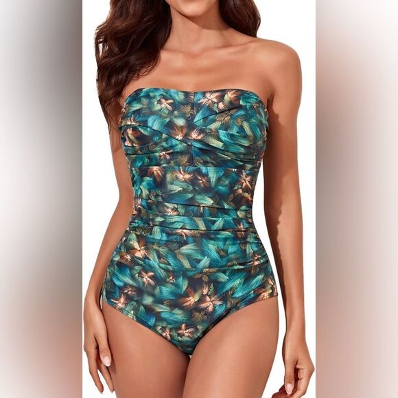 Smismivo Strapless Green Floral One Piece Ruched Padded Swimsuit - Picture 2 of 12